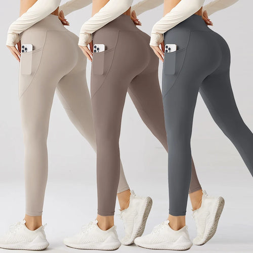 Three pairs of leggings in beige, brown, and gray with pockets on a light gray background.
