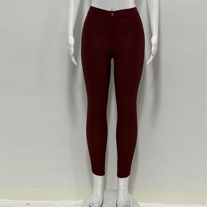 Solid Color High-Waist Stretch Skinny Casual Leggings/Elastic Waist Pencil Trousers